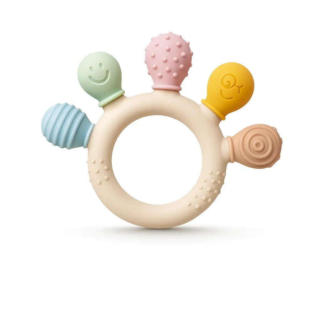 Anneau de dentition multicolore, l’un des 6 jouets du Coffret Sensoriel Nomade
