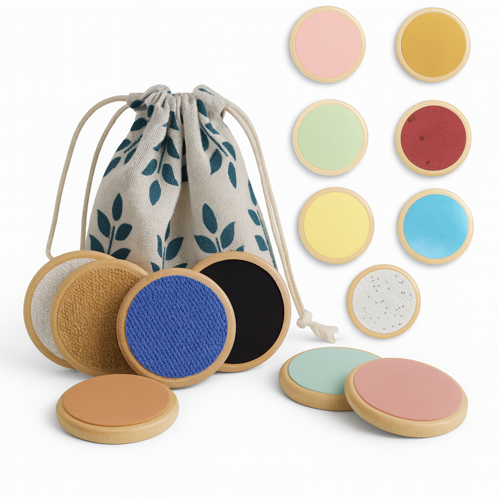 Jeu de palets tactiles Montessori et sac de rangement, septième jeu du Coffret Sensoriel Nomade